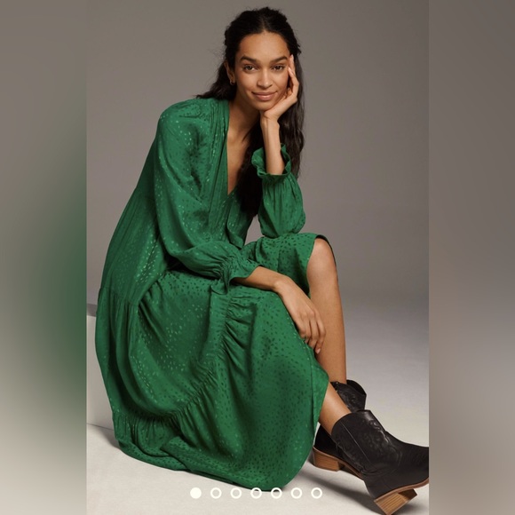 Anthropologie Dresses & Skirts - Anthropologie Maeve Long Sleeve Tiered Wendy Maxi Dress Fern Green Leaf Pattern